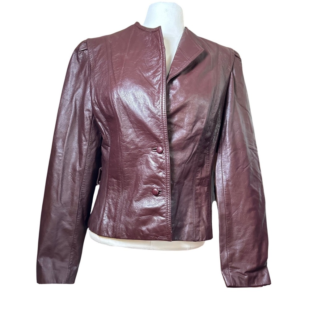Vintage Burgundy Leather Jacket‎ Womens Structured Shoulder Wine Retro 80s XS
